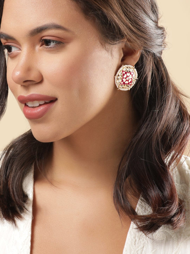 Rubans Meenakari Rani Pink Earrings with Small White Beads Earrings