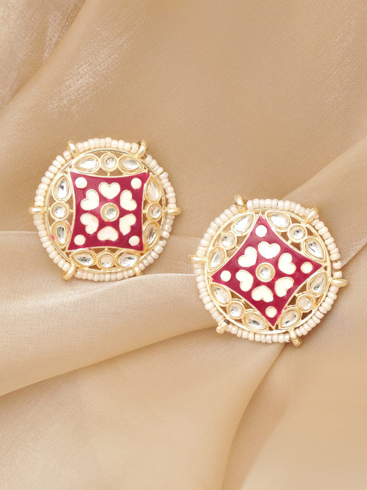 Rubans Meenakari Rani Pink Earrings with Small White Beads Earrings