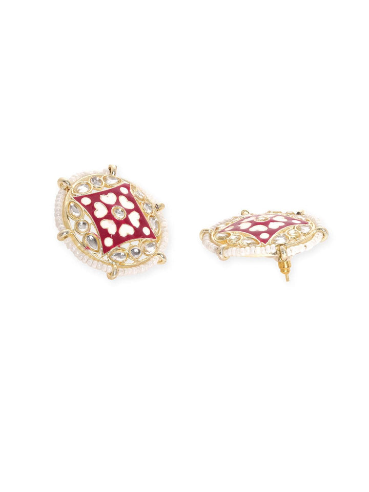 Rubans Meenakari Rani Pink Earrings with Small White Beads Earrings