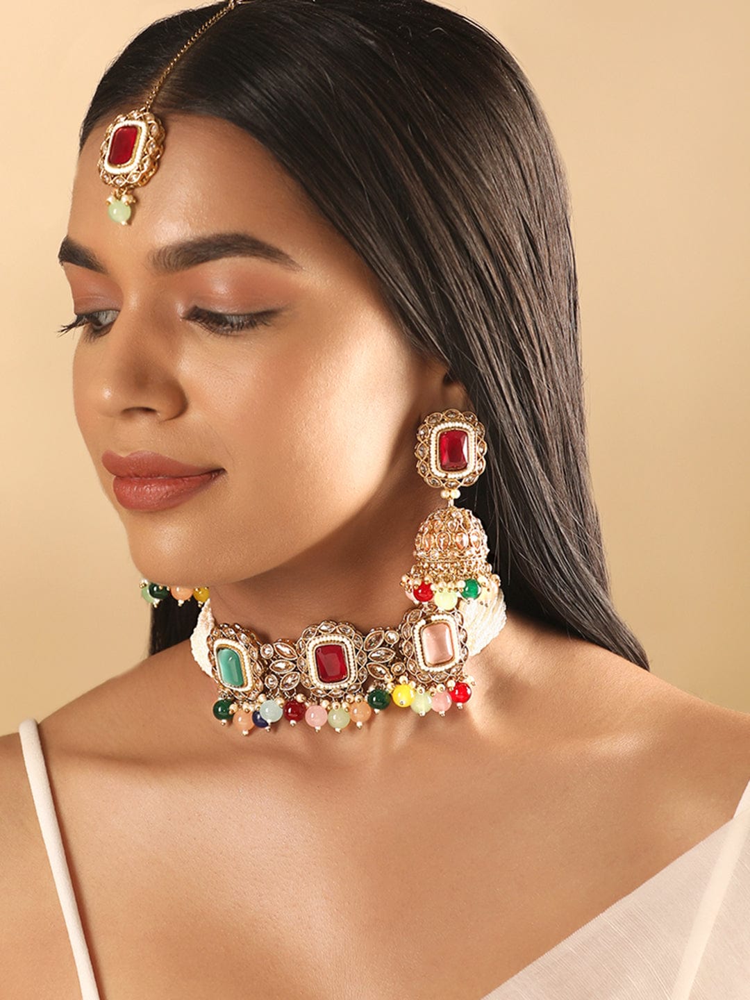 Rubans Mehandi Gold plated Reverse AD & Pearl Beaded Jewellery Set Earrings