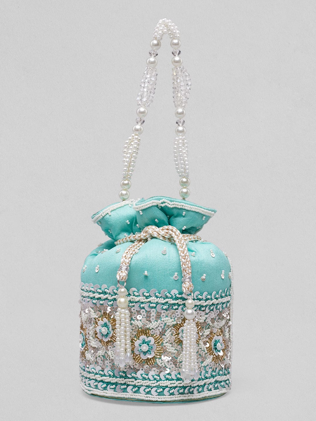 Rubans Mint Coloured Potli Bag With Golden And White Embroided Design. Handbag & Wallet Accessories