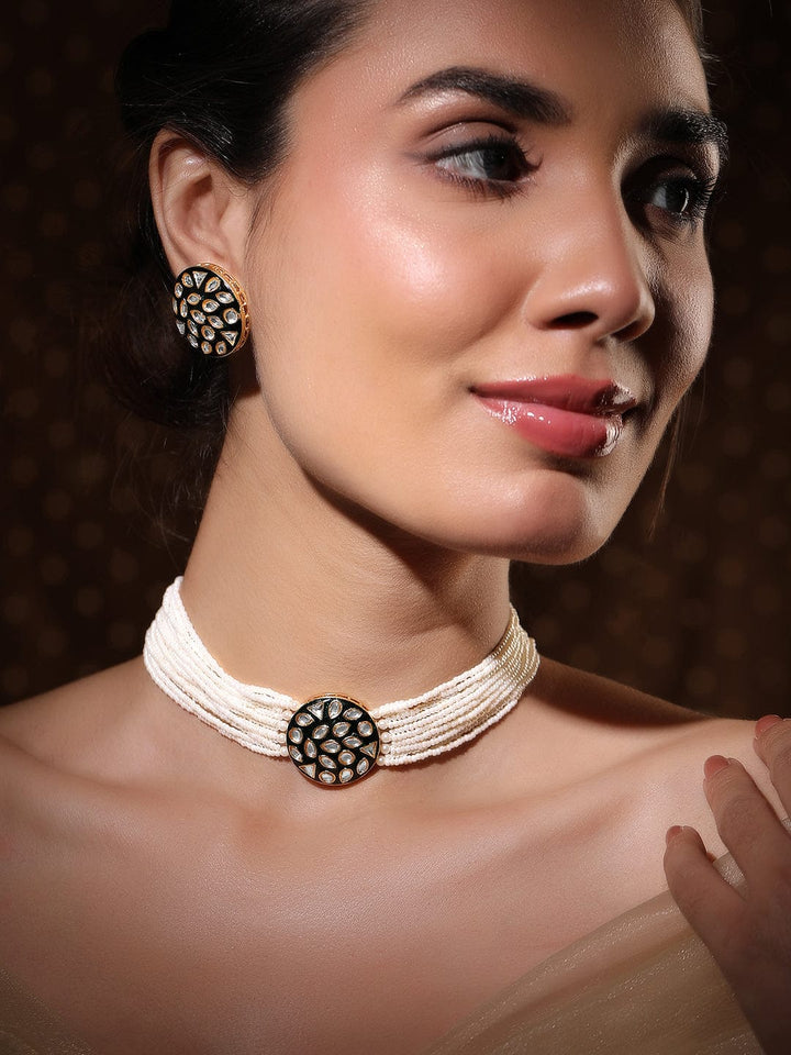 Rubans Multi-Layered Pearl Beaded Kundan Studded Choker Necklace Set with Round Design Necklace Sets