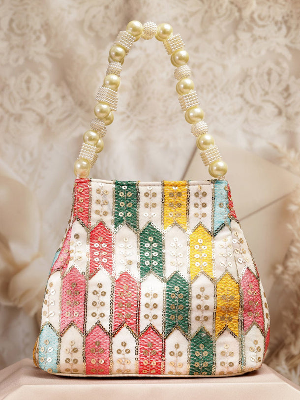 Rubans Multicolour Embroidered Potli Bag with Pearl Beaded Handle on Cream Base Bags