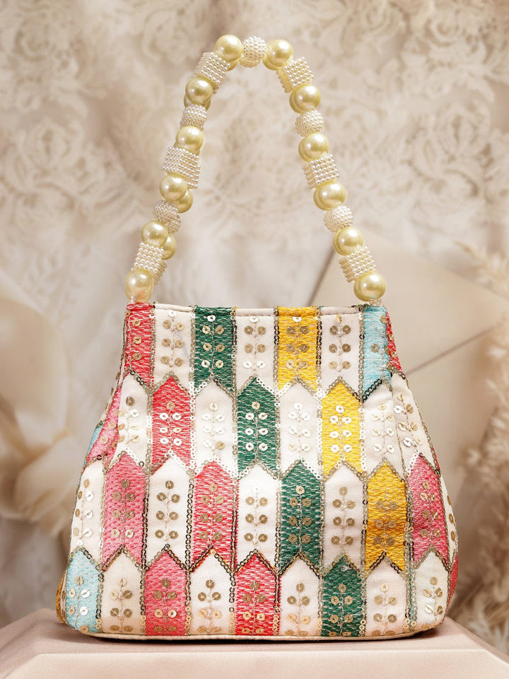 Rubans Multicolour Embroidered Potli Bag with Pearl Beaded Handle on Cream Base Bags