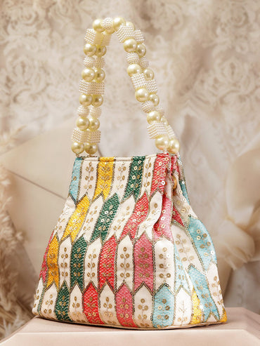 Rubans Multicolour Embroidered Potli Bag with Pearl Beaded Handle on Cream Base Bags