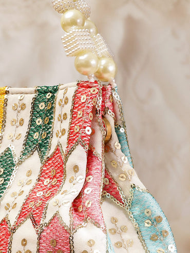 Rubans Multicolour Embroidered Potli Bag with Pearl Beaded Handle on Cream Base Bags