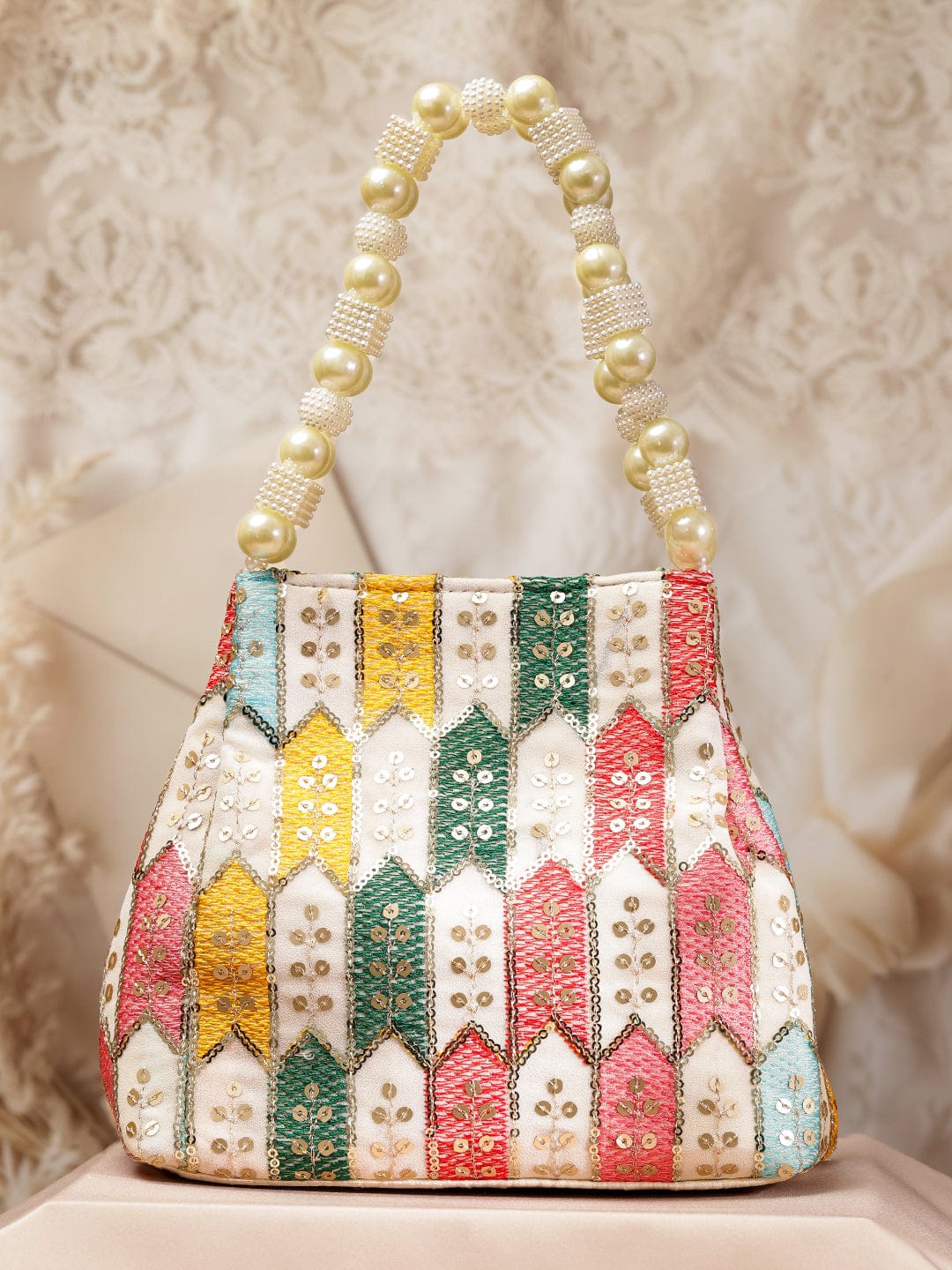 Rubans Multicolour Embroidered Potli Bag with Pearl Beaded Handle on Cream Base Bags