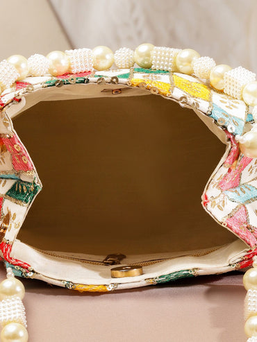Rubans Multicolour Embroidered Potli Bag with Pearl Beaded Handle on Cream Base Bags