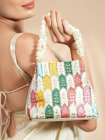 Rubans Multicolour Embroidered Potli Bag with Pearl Beaded Handle on Cream Base Bags