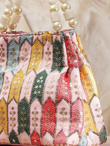 Rubans Multicolour Embroidered Potli Bag with Pearl Beaded Handle on Light Pink Base Bags