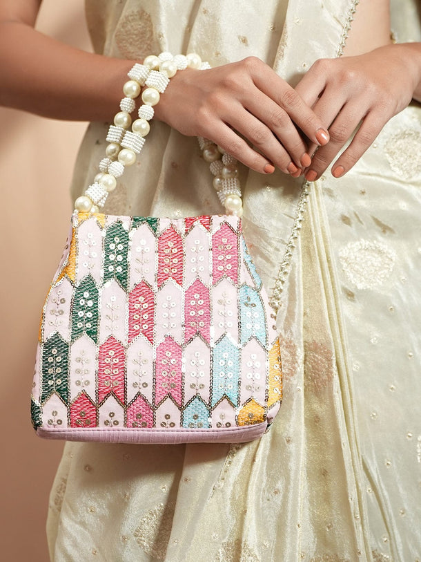 Rubans Multicolour Embroidered Potli Bag with Pearl Beaded Handle on Light Pink Base Bags