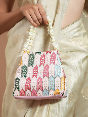 Rubans Multicolour Embroidered Potli Bag with Pearl Beaded Handle on Light Pink Base Bags