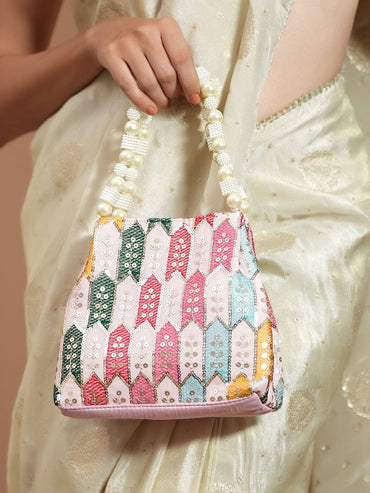 Rubans Multicolour Embroidered Potli Bag with Pearl Beaded Handle on Light Pink Base Bags