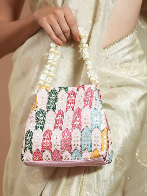 Rubans Multicolour Embroidered Potli Bag with Pearl Beaded Handle on Light Pink Base Bags