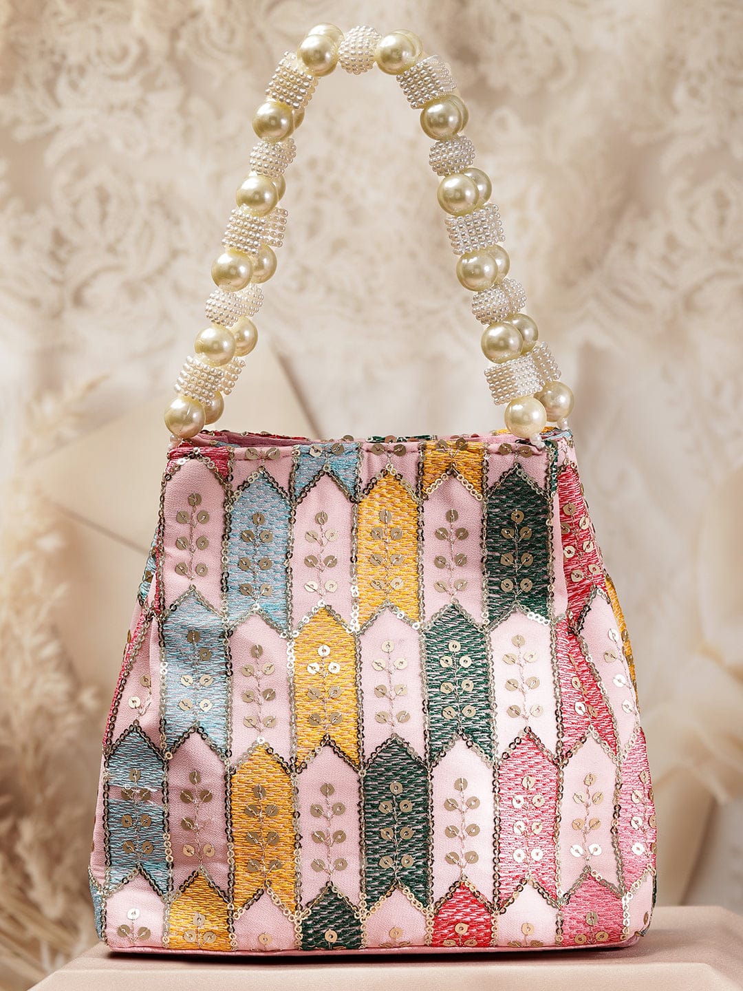 Rubans Multicolour Embroidered Potli Bag with Pearl Beaded Handle on Light Pink Base Bags