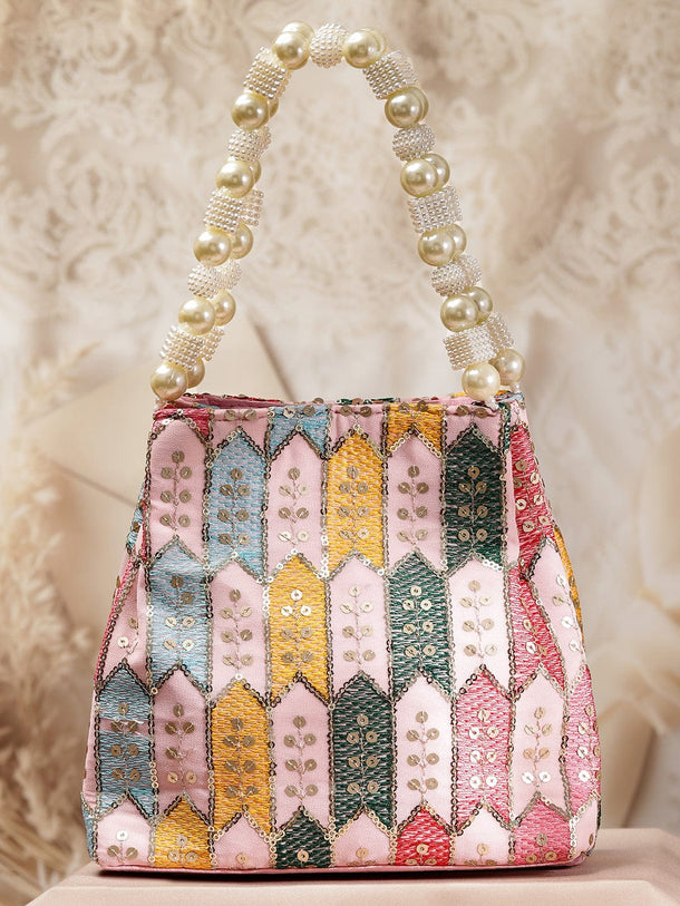 Rubans Multicolour Embroidered Potli Bag with Pearl Beaded Handle on Light Pink Base Bags