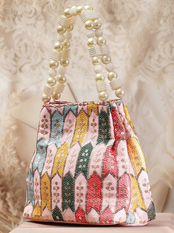 Rubans Multicolour Embroidered Potli Bag with Pearl Beaded Handle on Light Pink Base Bags