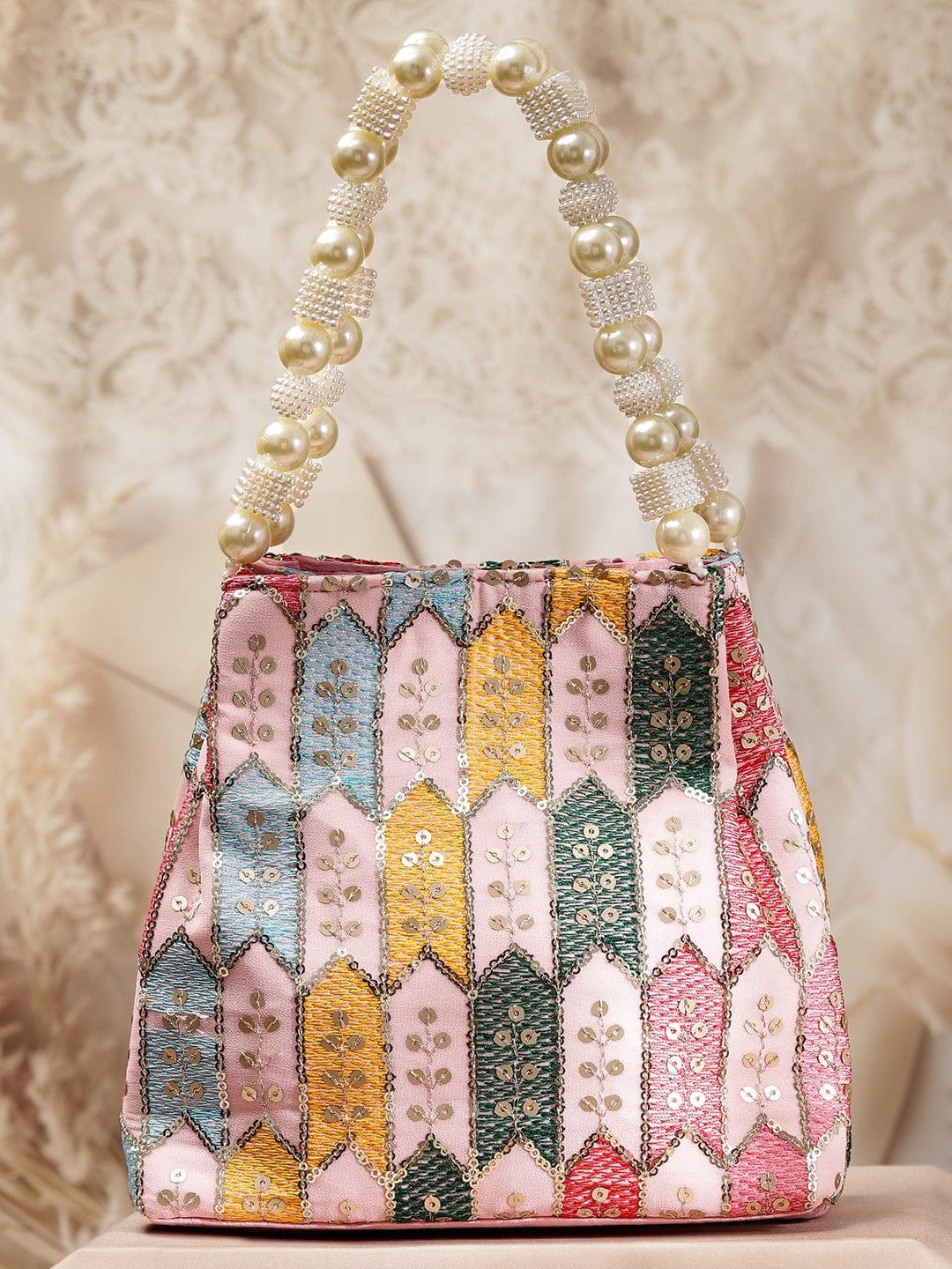 Rubans Multicolour Embroidered Potli Bag with Pearl Beaded Handle on Light Pink Base Bags