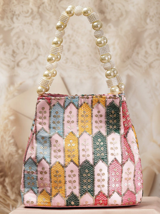 Rubans Multicolour Embroidered Potli Bag with Pearl Beaded Handle on Light Pink Base Bags