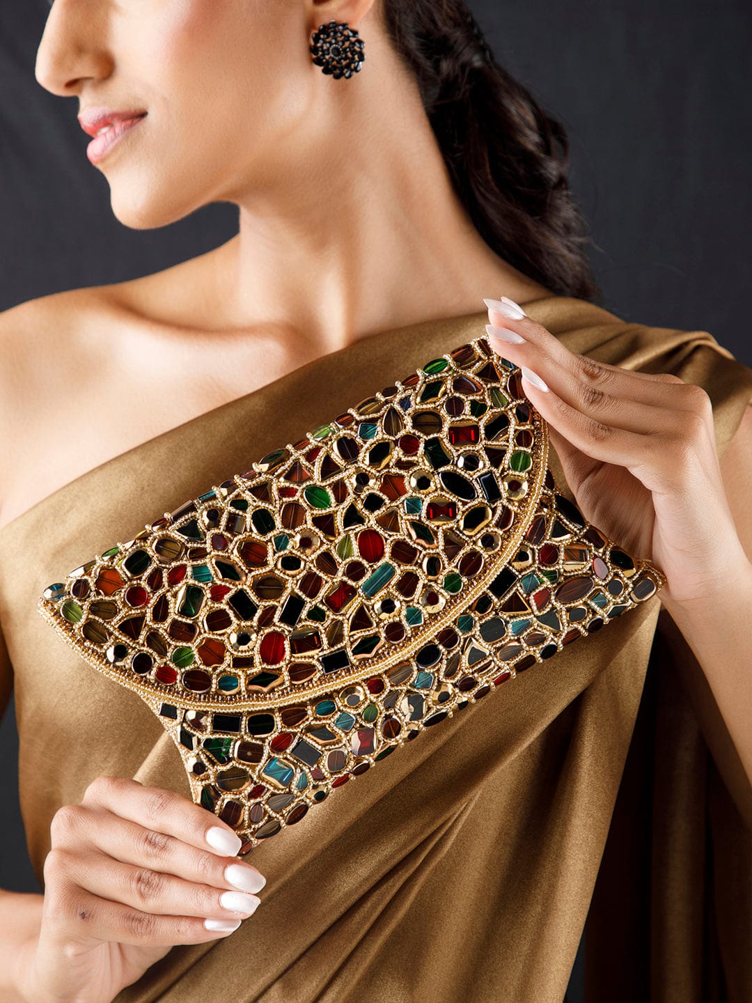 Shop Rubans Multicolour Stone Studded Bag Golden Embroided Design. Rubans