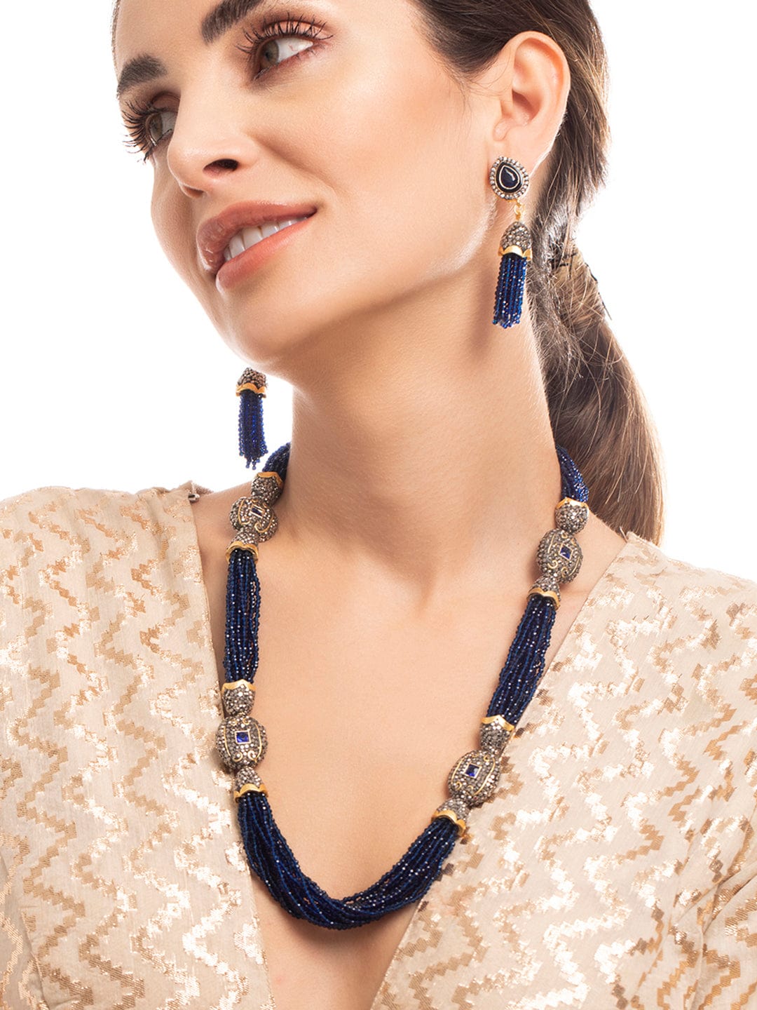 Rubans Necklace Set With Royal Blue beads And Elegant Design Necklaces, Necklace Sets, Chains & Mangalsutra