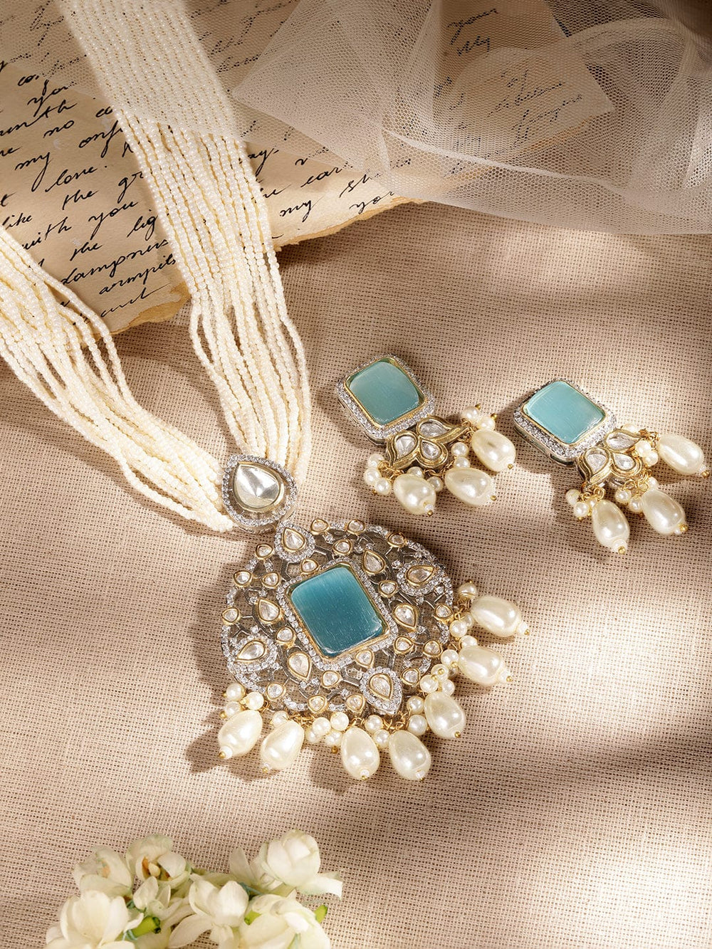 Rubans Ocean's Elegance White Pearl Blue Stone Necklace Set Jewellery Sets