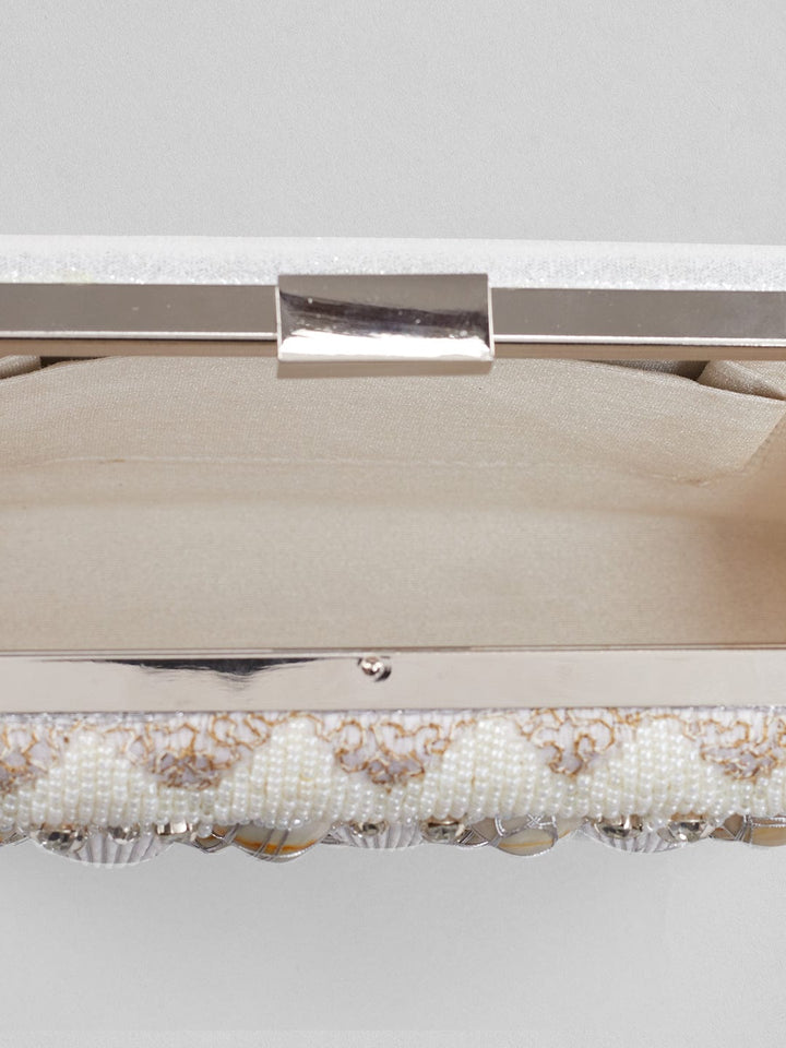 Rubans Off White Coloured Clutch Bag With Shells And Embroided White Design. Handbag & Wallet Accessories