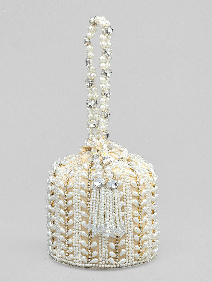 Rubans Off White Coloured Potli Bag With Golden Embroided Design And Pearls. Handbag & Wallet Accessories