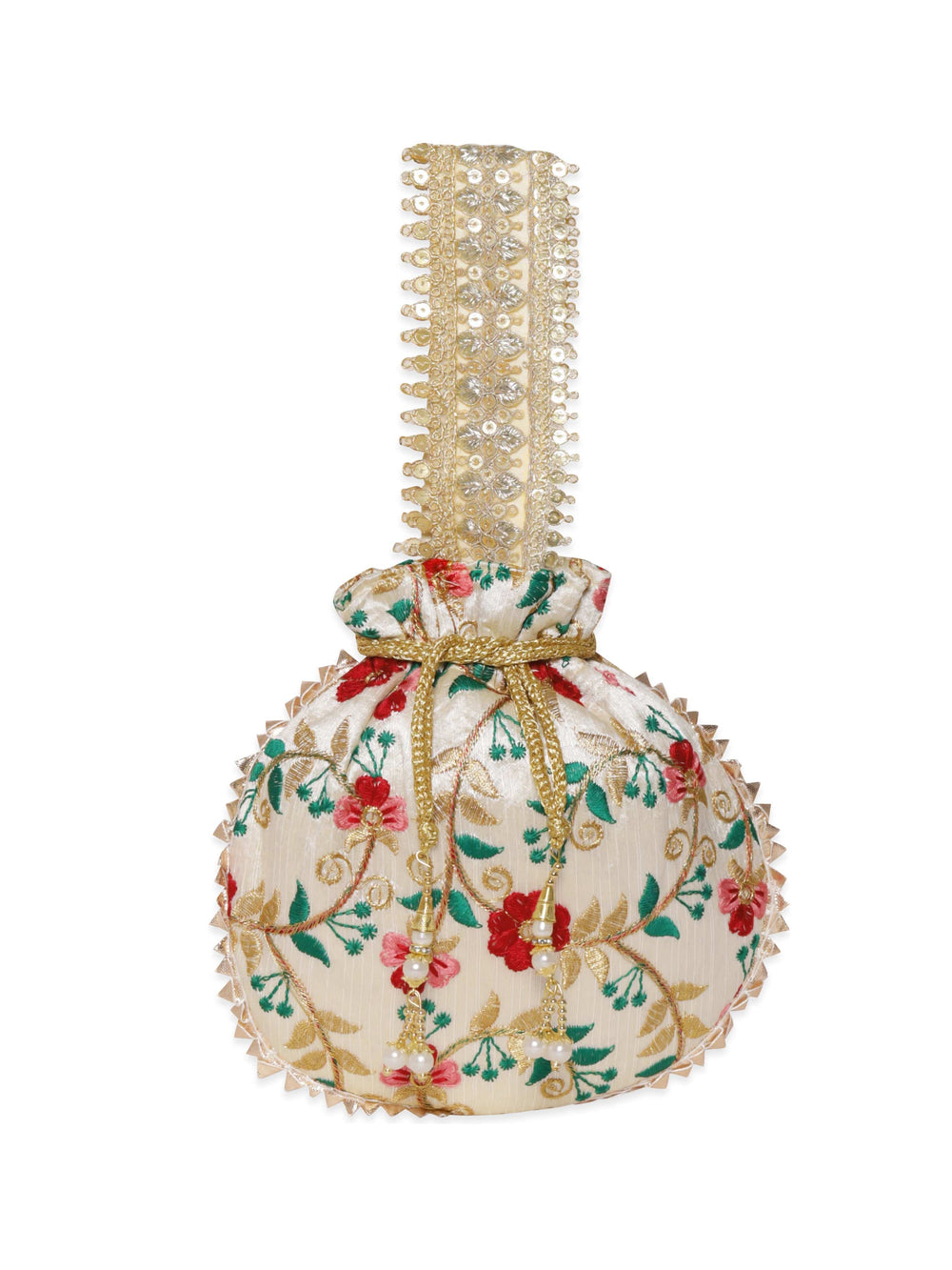 Rubans Off-White Potli Bags with Embroidery and Golden Lace Potli Bag