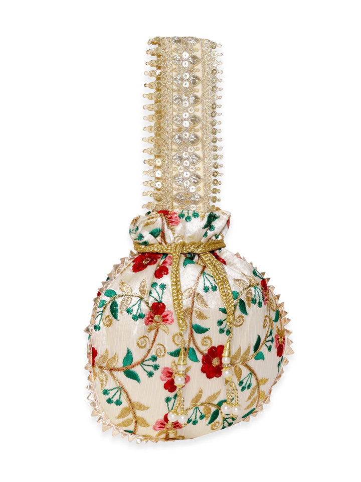 Rubans Off-White Potli Bags with Embroidery and Golden Lace Potli Bag