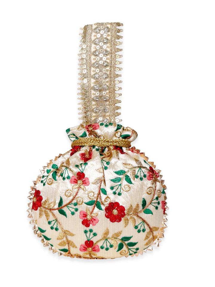 Rubans Off-White Potli Bags with Embroidery and Golden Lace Potli Bag