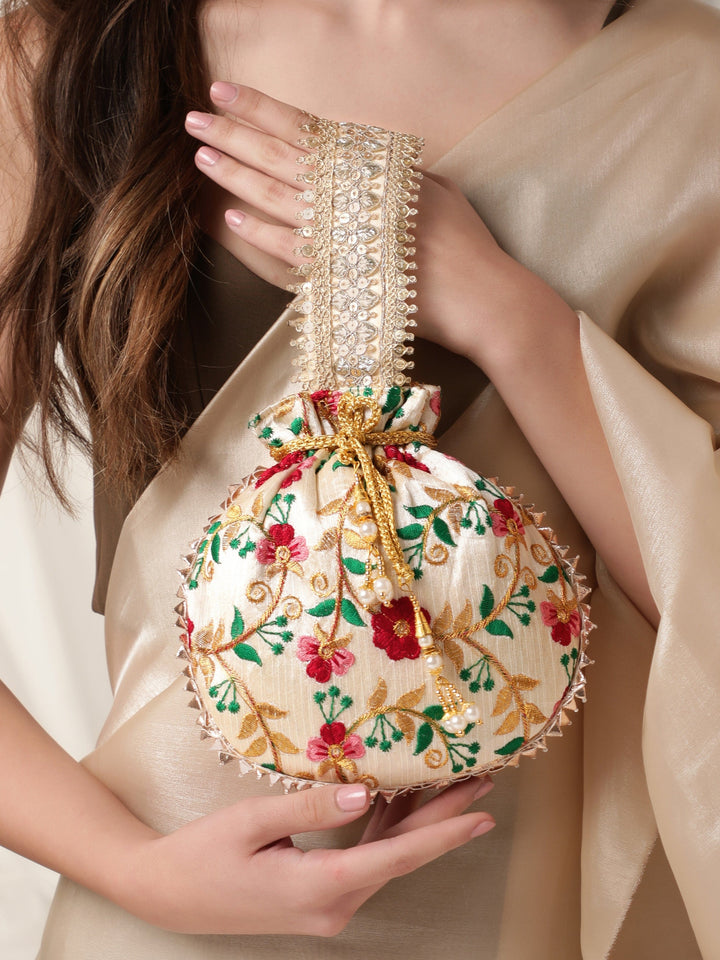 Rubans Off-White Potli Bags with Embroidery and Golden Lace Potli Bag