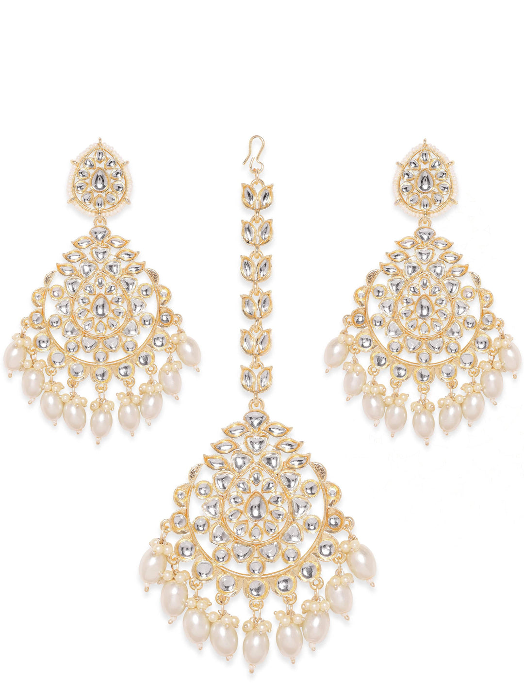 Rubans Opulent 22k Gold Plated Kundan Pearl Beaded Jewelry Set Earrings & mangtika Combo