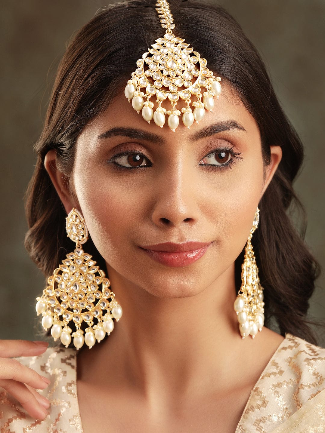 Rubans Opulent 22k Gold Plated Kundan Pearl Beaded Jewelry Set Earrings & mangtika Combo