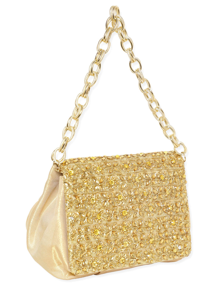 Rubans Opulent Allure Golden Handbag with Beaded Embellishments Handbag, Wallet Accessories & Clutches