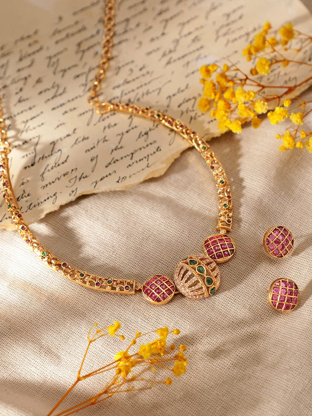 Rubans Opulent Gold-Plated AD & Green Stone Necklace Set Jewellery Sets