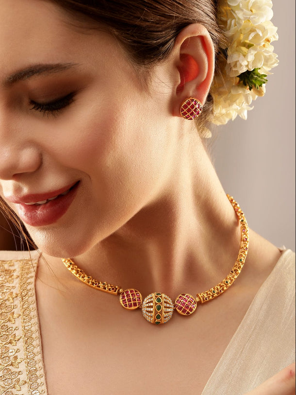 Rubans Opulent Gold-Plated AD & Green Stone Necklace Set Jewellery Sets