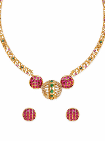 Rubans Opulent Gold-Plated AD & Green Stone Necklace Set Jewellery Sets