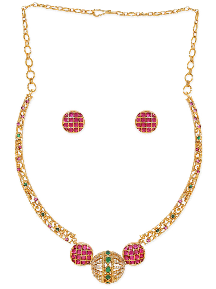 Rubans Opulent Gold-Plated AD & Green Stone Necklace Set Jewellery Sets