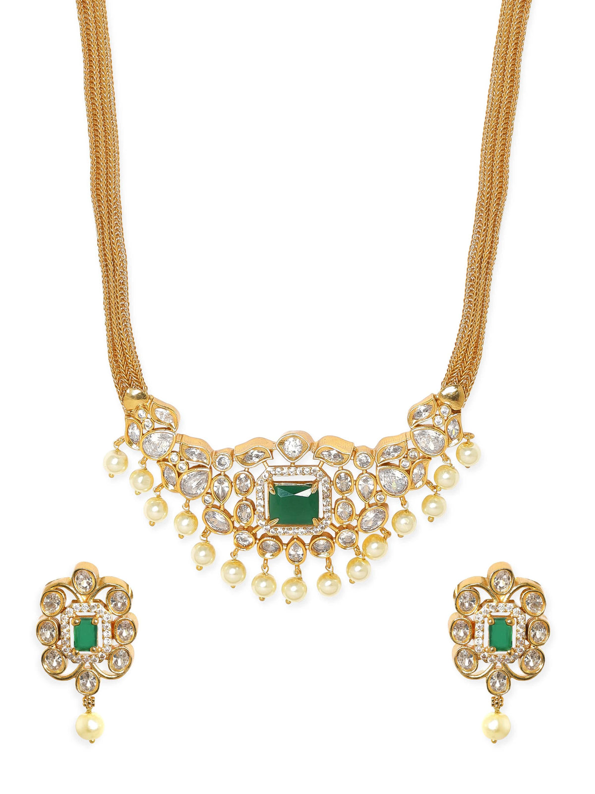 Rubans Opulent Gold-Plated AD & Green Stone Necklace Set Jewellery Sets