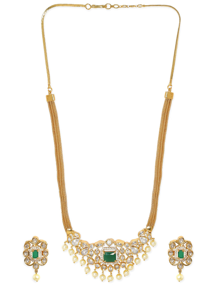 Rubans Opulent Gold-Plated AD & Green Stone Necklace Set Jewellery Sets