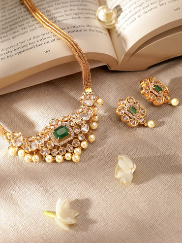 Rubans Opulent Gold-Plated AD & Green Stone Necklace Set Jewellery Sets