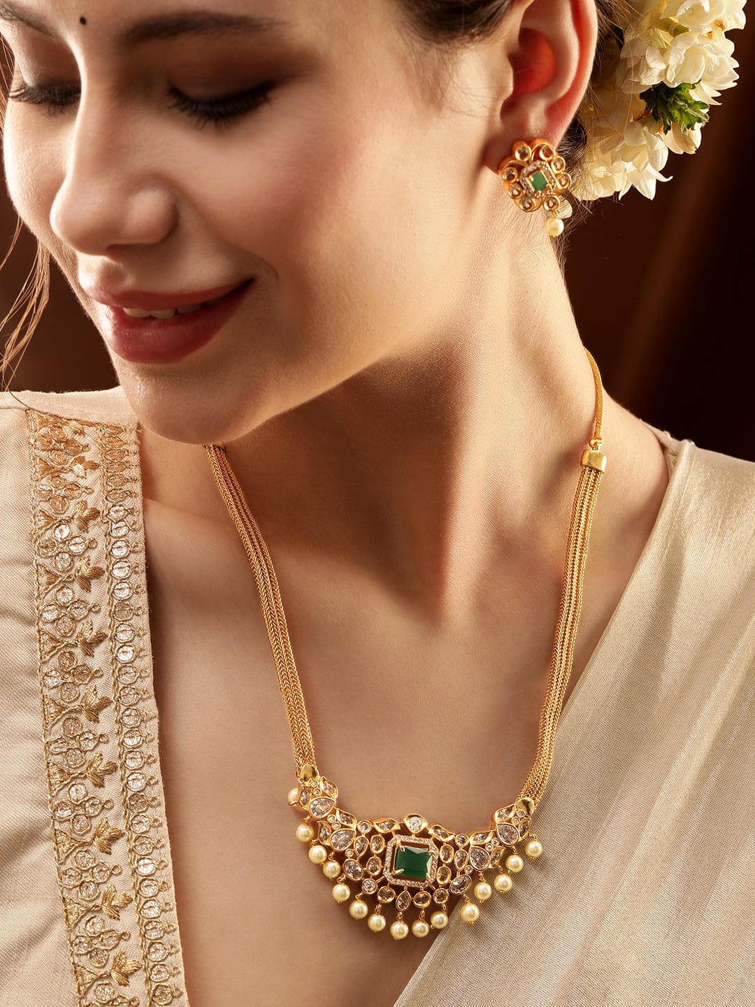 Rubans Opulent Gold-Plated AD & Green Stone Necklace Set Jewellery Sets