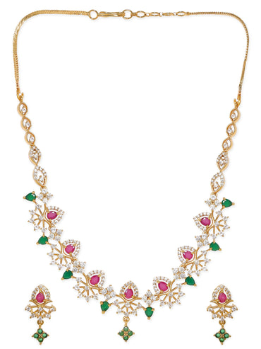 Rubans Opulent Gold-Plated AD & Green Stone Necklace Set Jewellery Sets