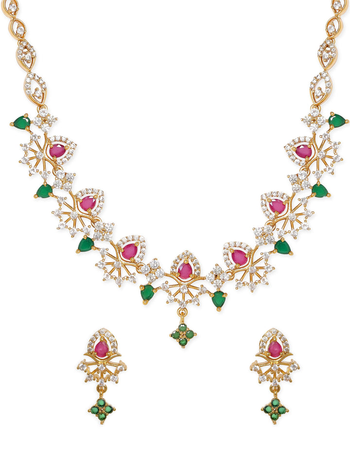 Rubans Opulent Gold-Plated AD & Green Stone Necklace Set Jewellery Sets