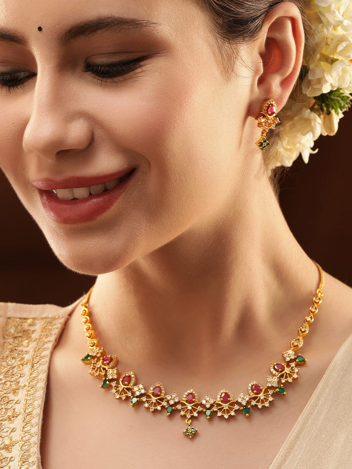 Rubans Opulent Gold-Plated AD & Green Stone Necklace Set Jewellery Sets