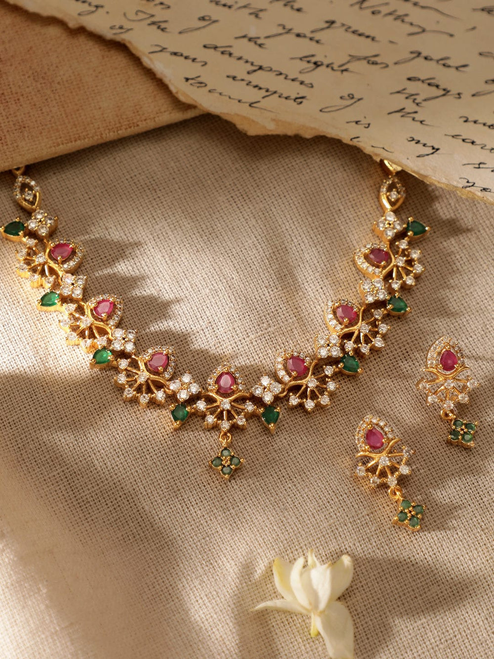 Rubans Opulent Gold-Plated AD & Green Stone Necklace Set Jewellery Sets