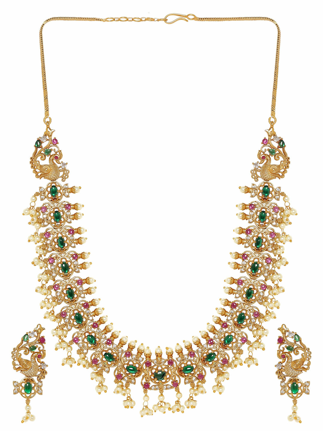 Rubans Opulent Gold Tone Temple Necklace Set with Multicolored Stones Jewellery Sets