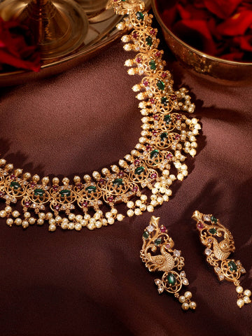 Rubans Opulent Gold Tone Temple Necklace Set with Multicolored Stones Jewellery Sets