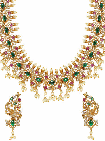 Rubans Opulent Gold Tone Temple Necklace Set with Multicolored Stones Jewellery Sets